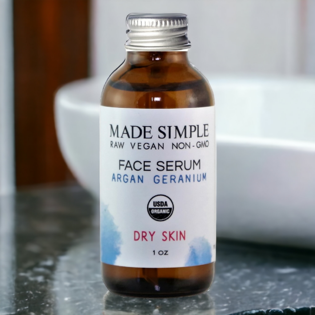 Made Simple Skin Care certified organic raw vegan argan geranium face serum cap2