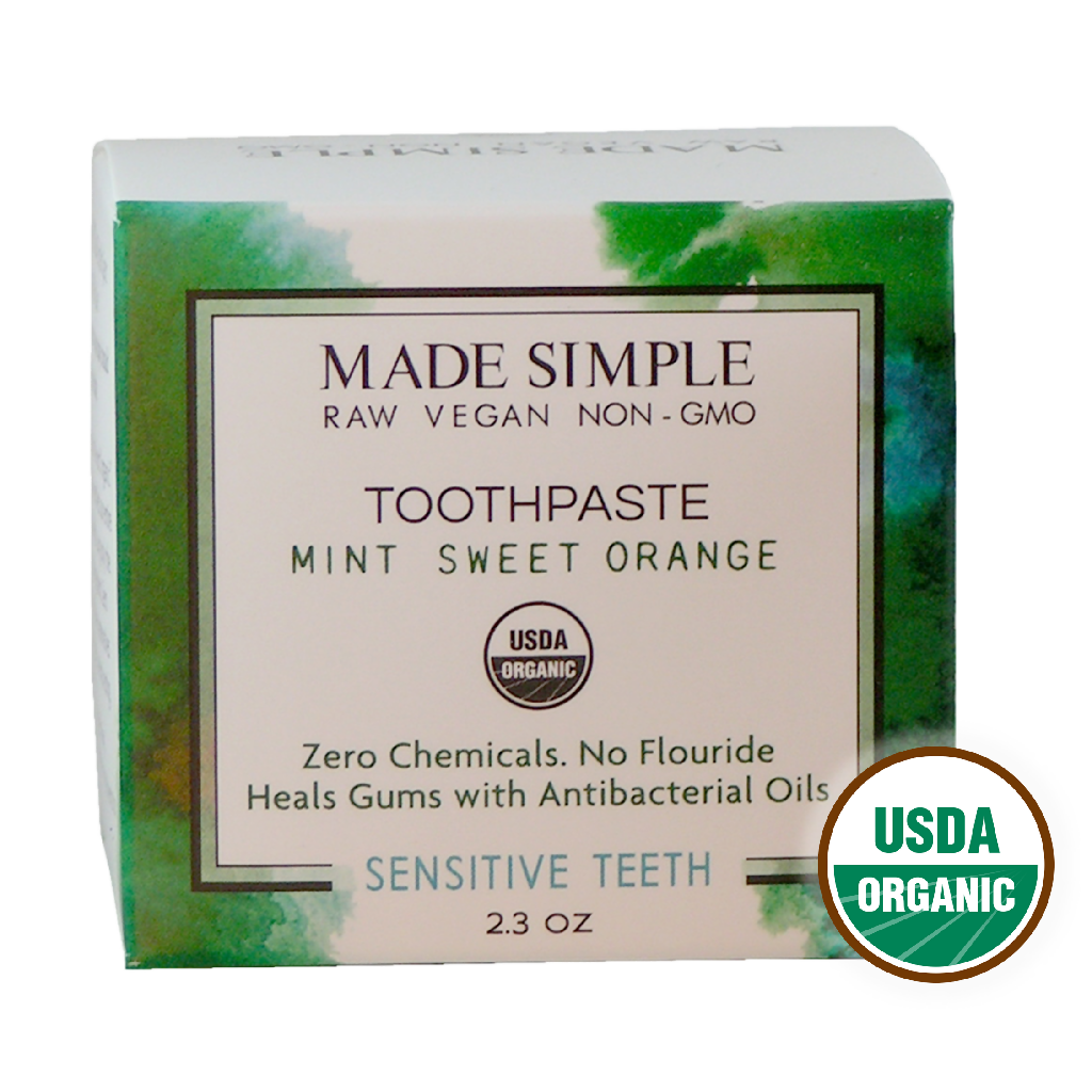Made Simple Skin Care certified organic raw vegan nonGMO Crueltyfree mint sweet orange toothpaste boxst