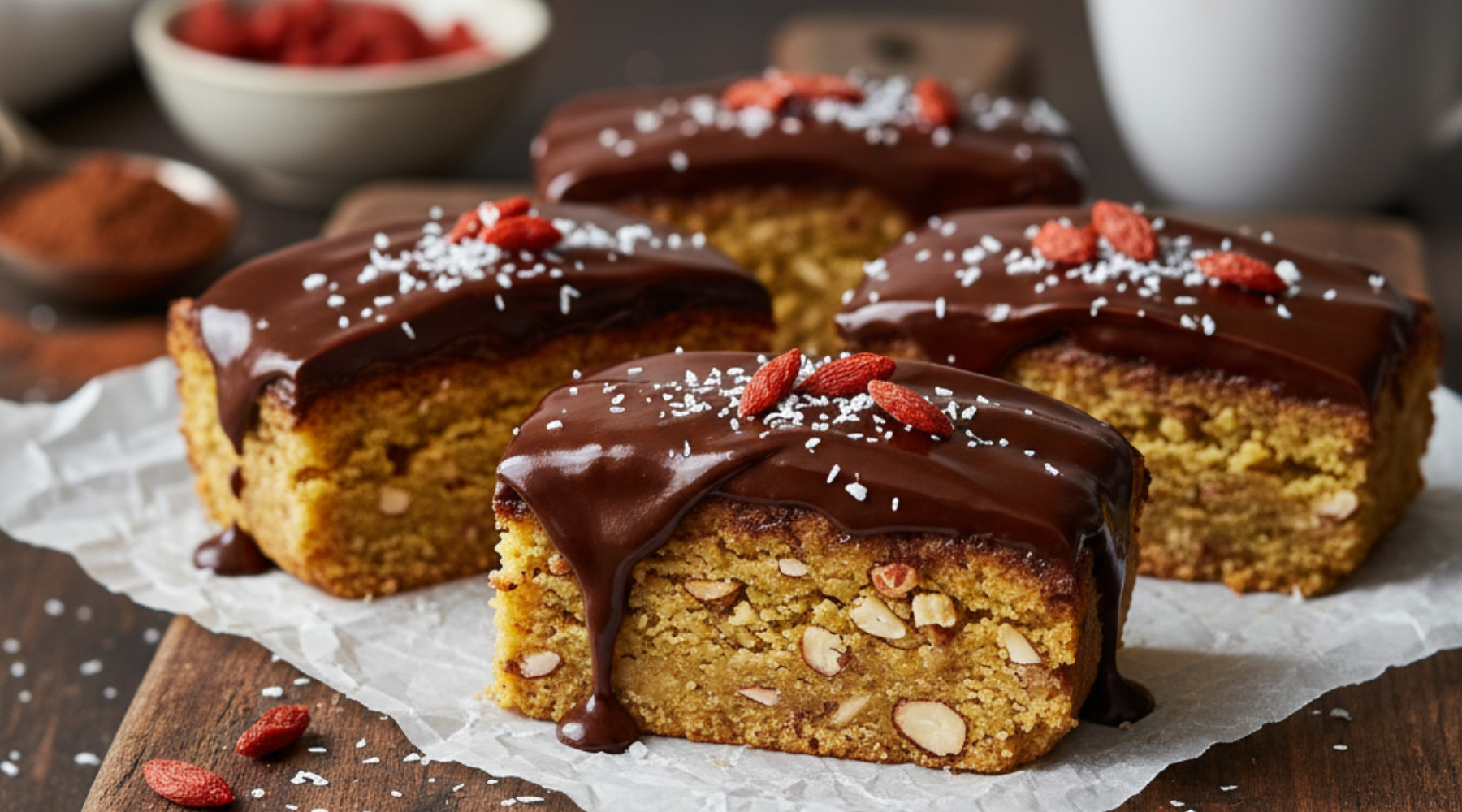 No-bake nutty energy bars with a thick layer of dark raw cacao frosting, topped with goji berries and shredded coconut on a wooden serving board.