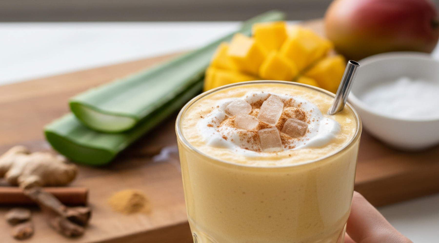 A creamy yellow mango and aloe vera smoothie in a glass with a fresh aloe leaf slice and a sprinkle of cinnamon on a wellness-themed background.