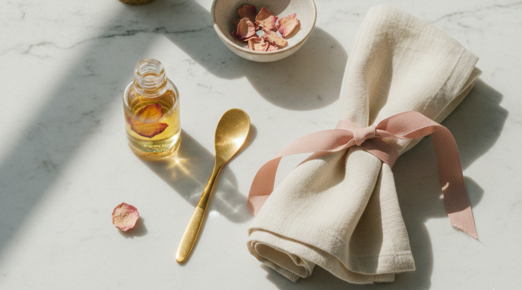 valentine's and galentine's day self-care with skincare, massage oils, rose petals, a towel wrapped in a beautiful pink ribbon