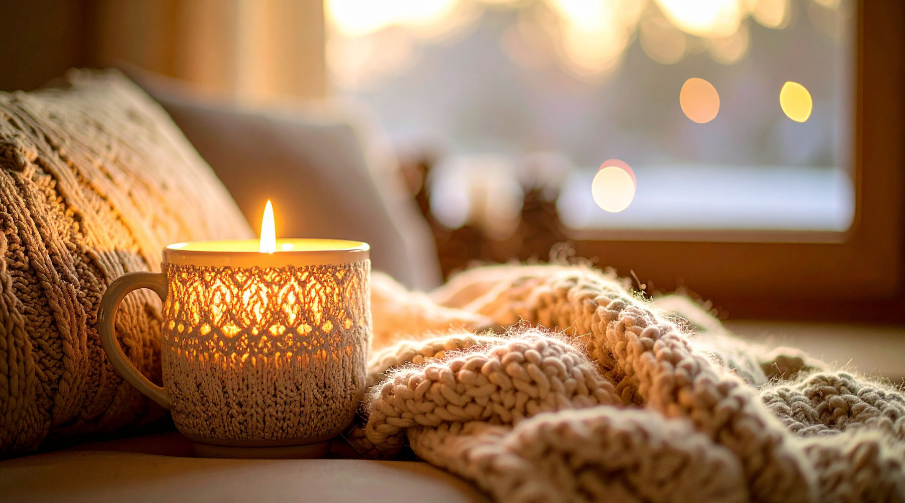 a window with blurry lights, a cozy fluffy blanket