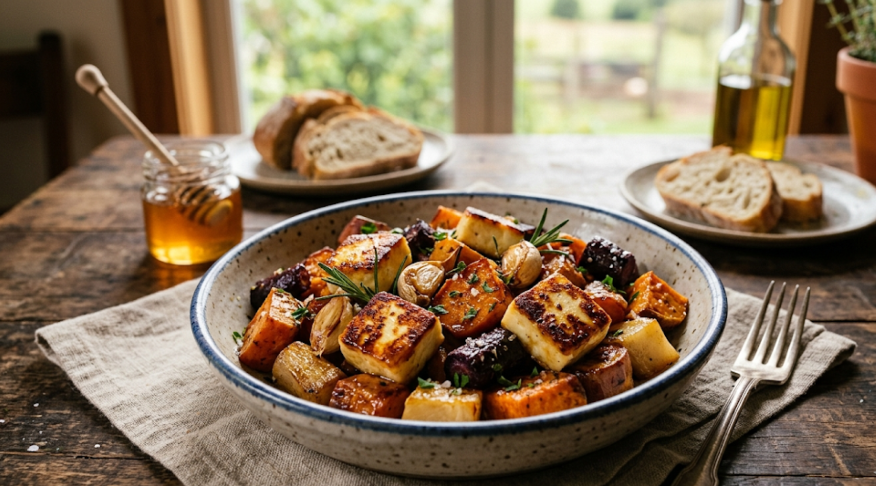 Handcrafted ceramic bowl of Honey-Roasted Brazil Roots with seared Queijo de Coalho cheese, carrots, and sweet potatoes, glazed in raw honey and garnished with fresh herbs, resting on a rustic farmhouse kitchen table.