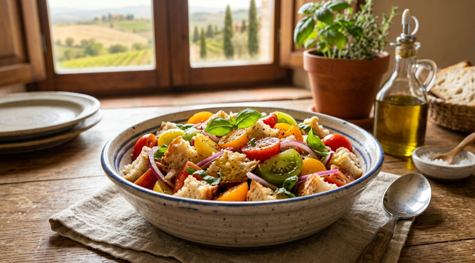 Vibrant, rustic Tuscan Panzanella sourdough bread and ripe heirloom tomato salad, dressed in olive oil and garnished with fresh basil, served in a handmade pottery bowl on an aged wooden table, with blurred Italian countryside in the background.