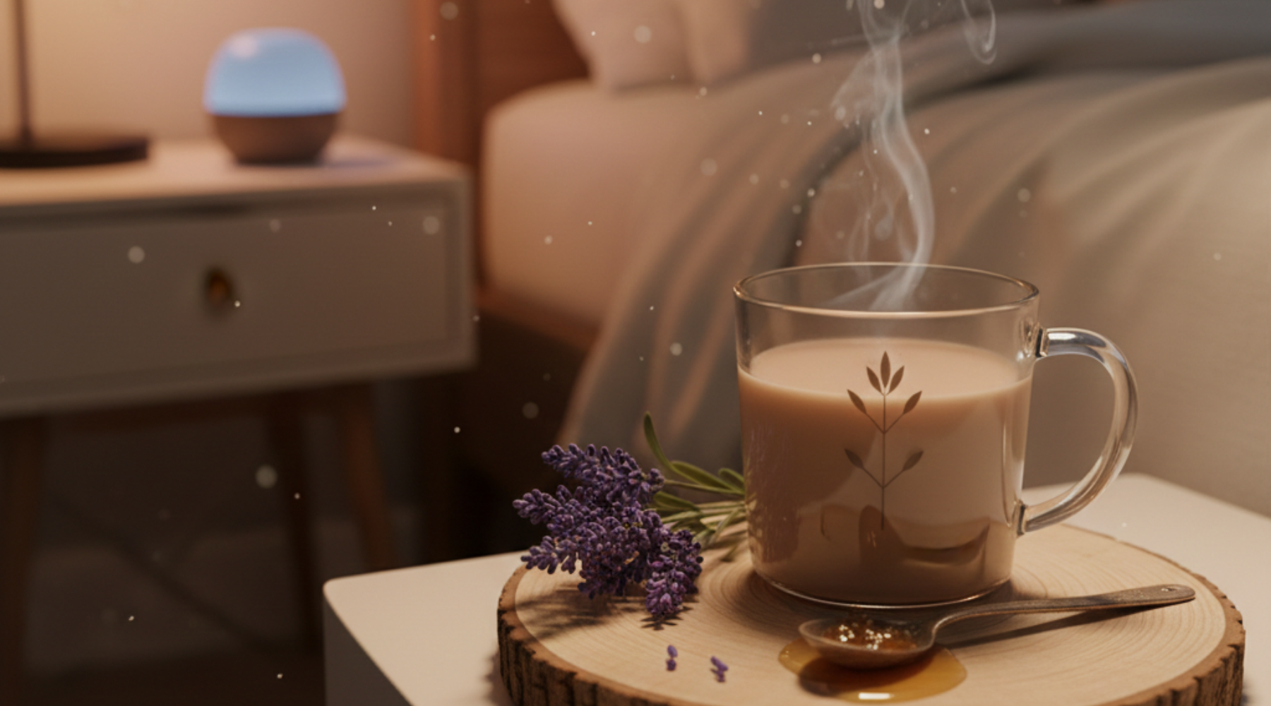 A steaming mug of Organic Lavender Honey Moon Milk on a wooden nightstand, featuring fresh lavender sprigs and raw honey to symbolize a calming botanical bedtime ritual.