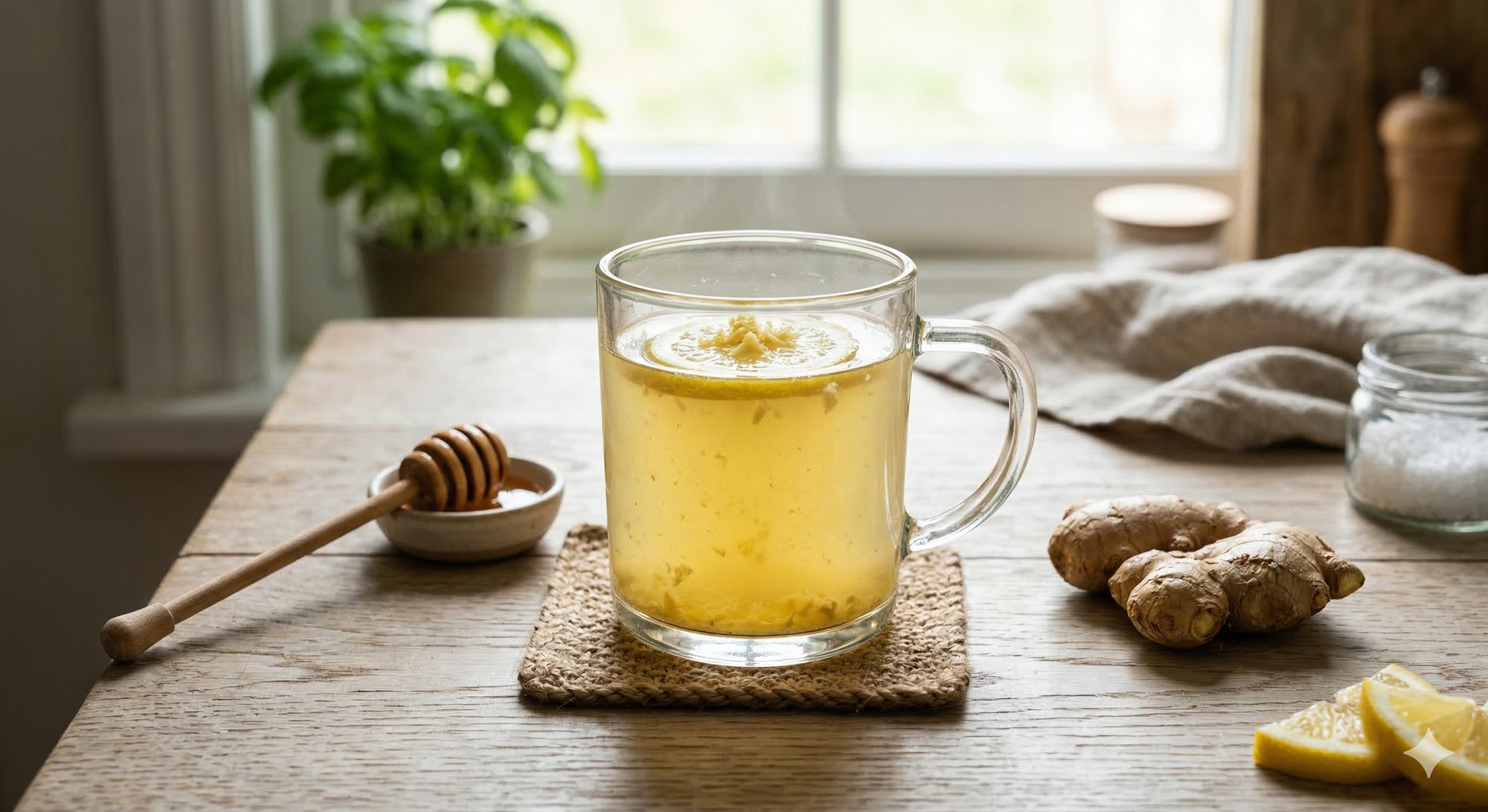 A steaming glass mug of warm ginger and lemon tonic on a wooden table, featuring a fresh lemon slice, a honey dipper, and raw ginger root in a bright, natural kitchen setting.