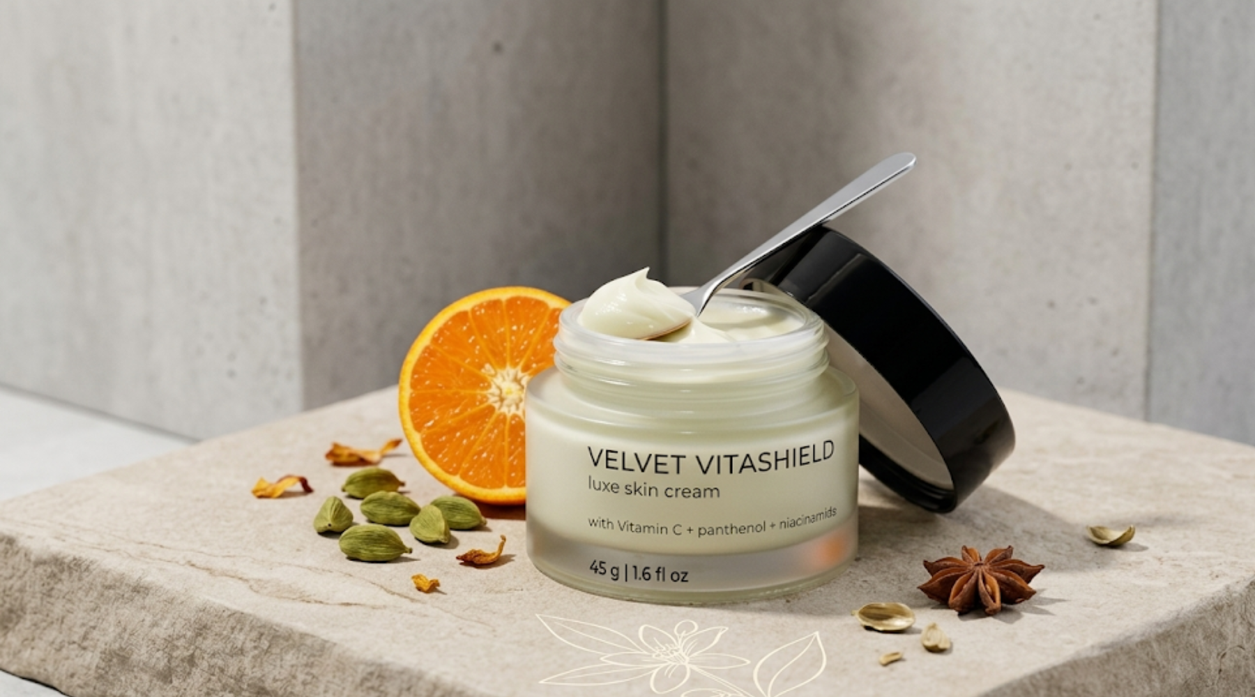 Minimalist editorial product photography of Velvet Vitashield Luxe Skin Cream featuring fresh orange slices and cardamom pods on a neutral, textured background.