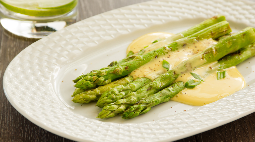 Grilled Asparagus with Creamy Sweet Potato Sauce and Crispy Rosemary