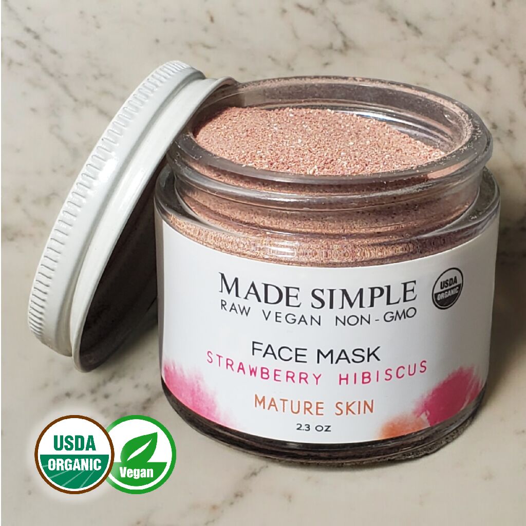 Made Simple Skin Care certified organic raw vegan nonGMO strawberry hibiscus face mask jar open