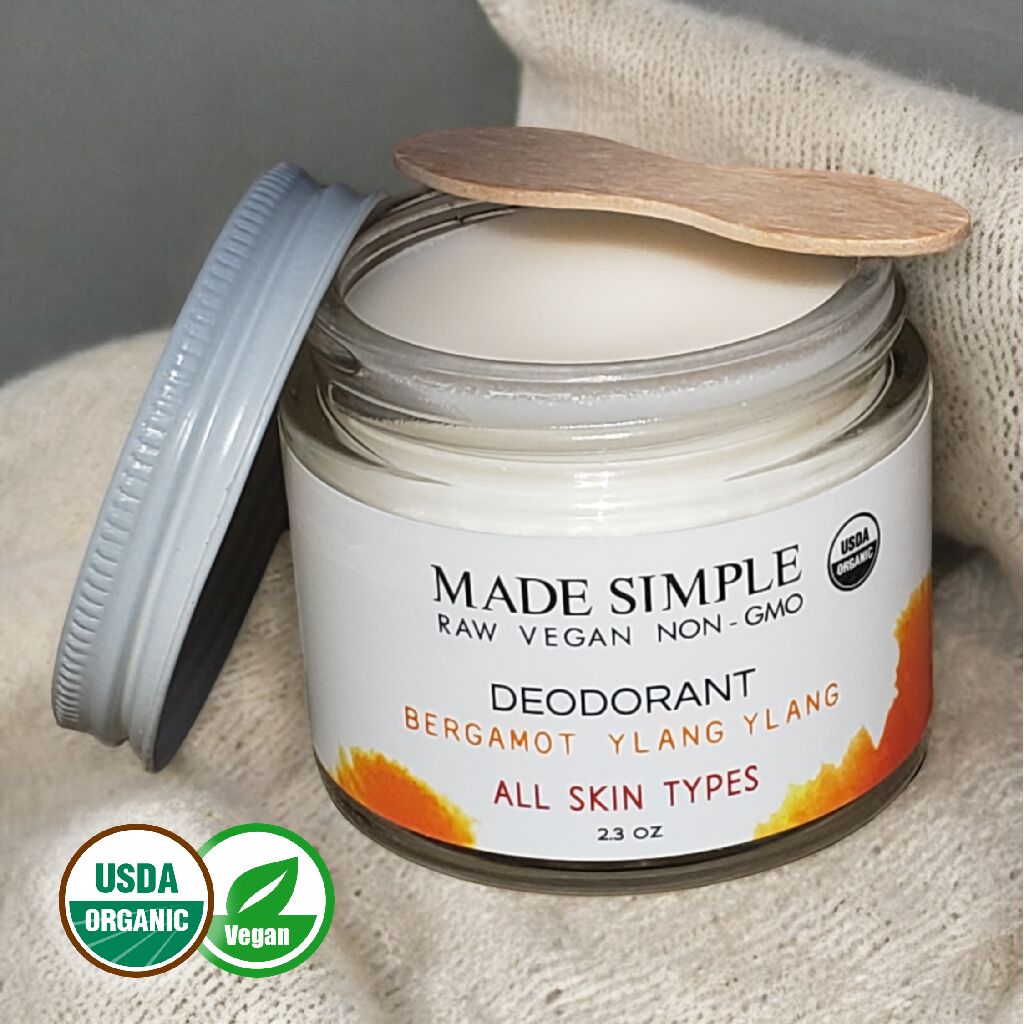Made Simple Skin Care Bergamot Ylang Ylang Deodorant USDA certified organic raw vegan nonGMO jar open