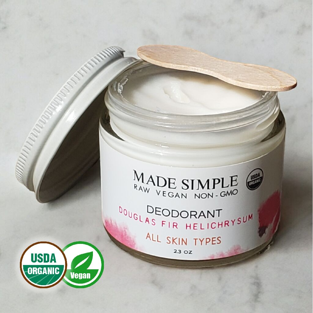 Made Simple Skin Care - Douglas Fir Helichrysum Deodorant usda certified organic raw vegan nonGMO jar open