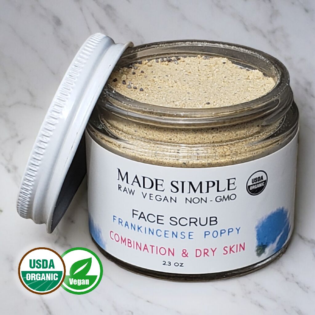 Made Simple Skin Care usda certified organic raw vegan nonGMO crueltyfree frankincense poppy face scrub jar open
