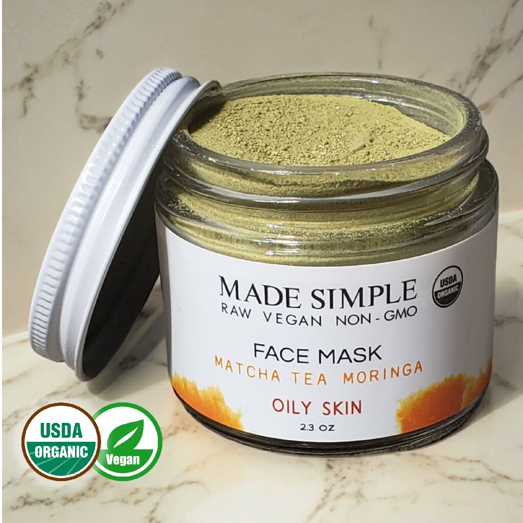 Made Simple Skin Care certified organic raw vegan nonGMO matcha tea moringa face mask jar open
