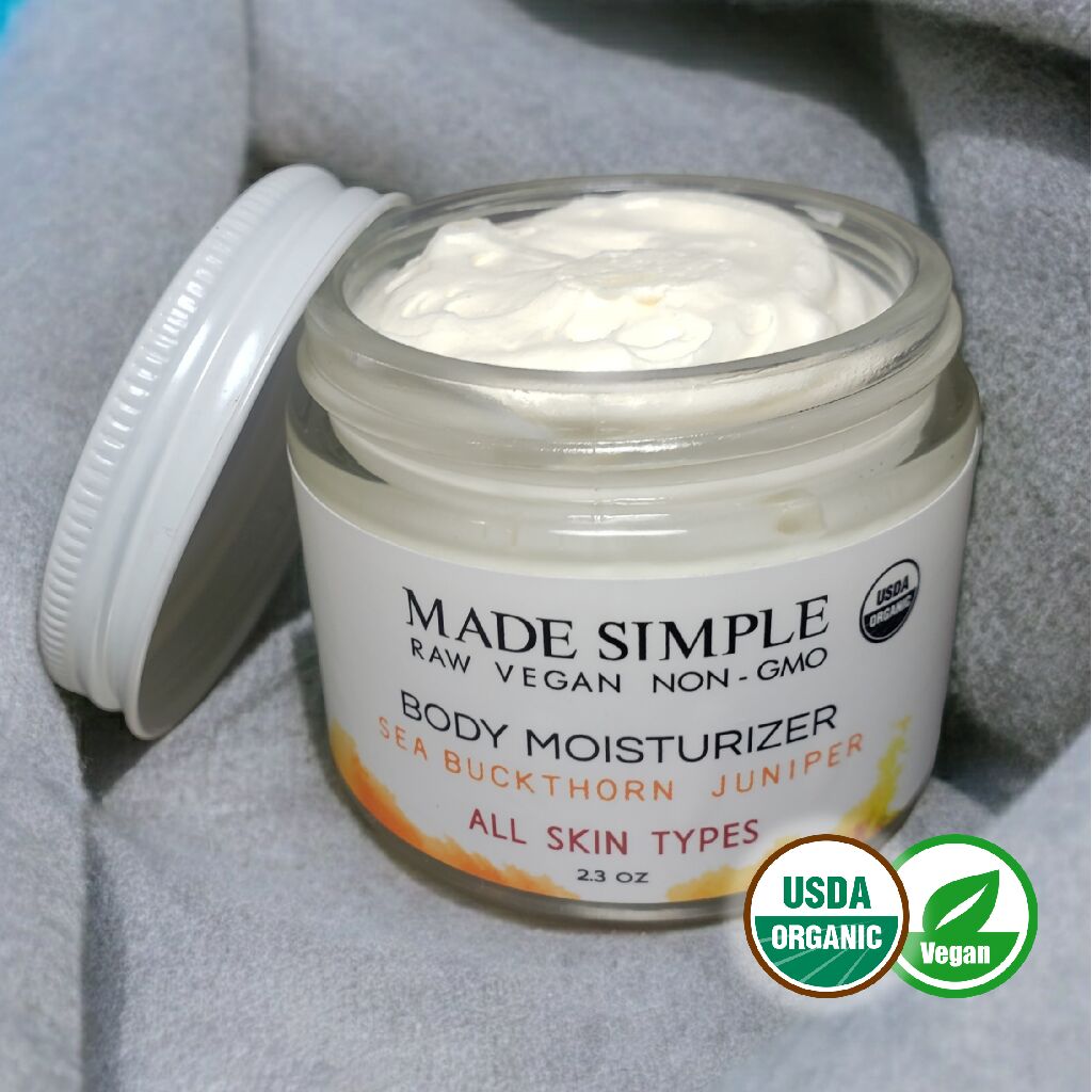 Made Simple Skin Care certified organic raw vegan nonGMO sea buckthorn juniper moisturizer open jar