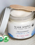 Made Simple Skin Care - Chamomile Lime Deodorant usda certified organic raw vegan nonGMO jar open