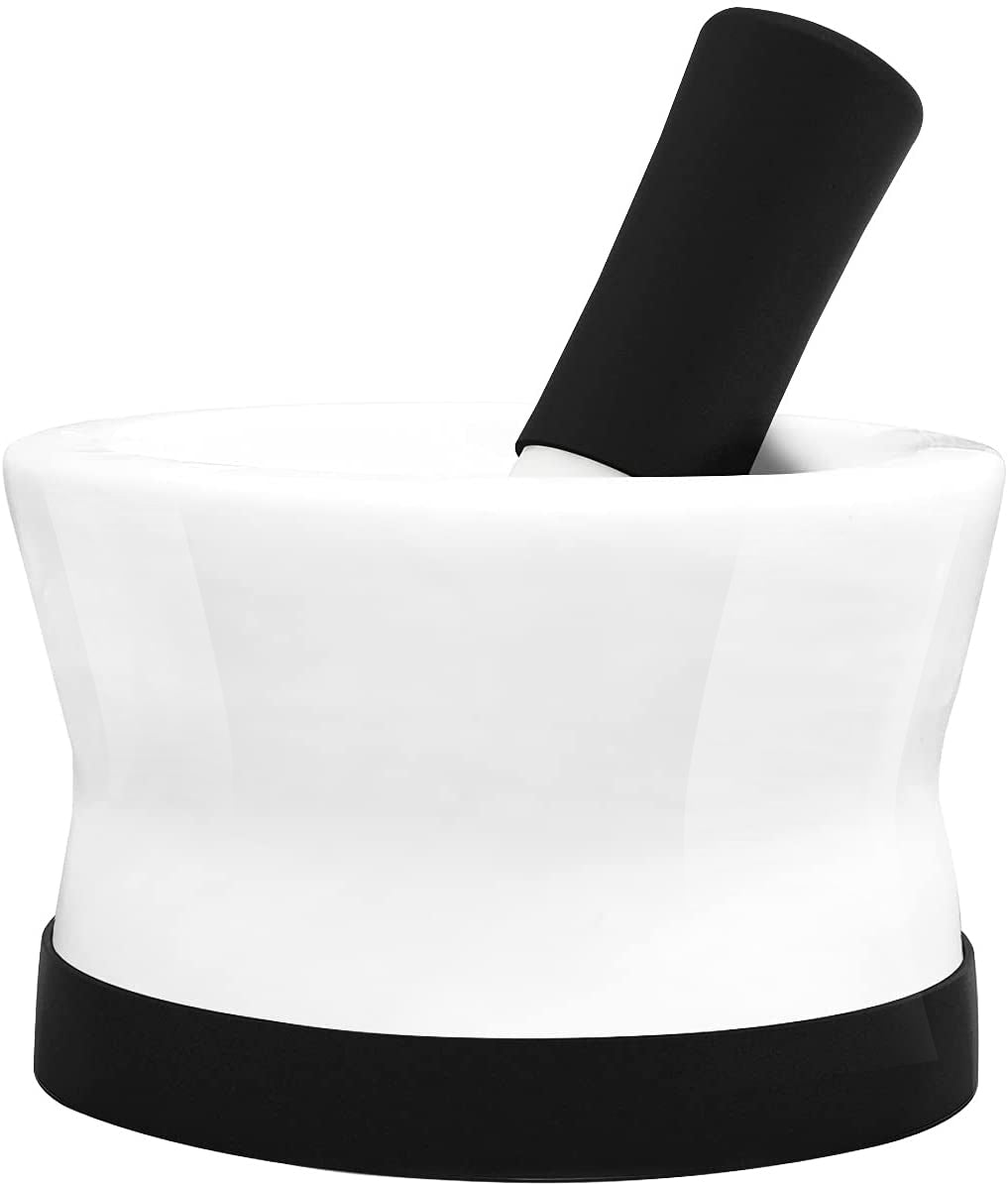 Mortar and Pestle Set - Small EZ-Grip Silicone &amp; Porcelain Mortar With Non-Slip Scratch Proof Silicone Base  - herb or spice grinder, pill crusher grinder or molcajete - NEW DESIGN -  Dishwasher Safe by Cooler Kitchen