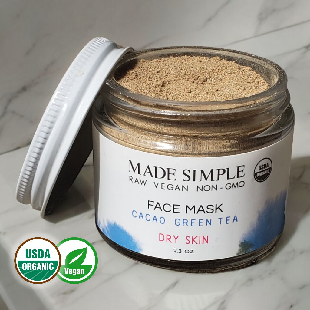 Made Simple Skin Care certified organic raw vegan nonGMO cacao green tea face mask jar open