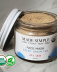 Made Simple Skin Care certified organic raw vegan nonGMO cacao green tea face mask jar open