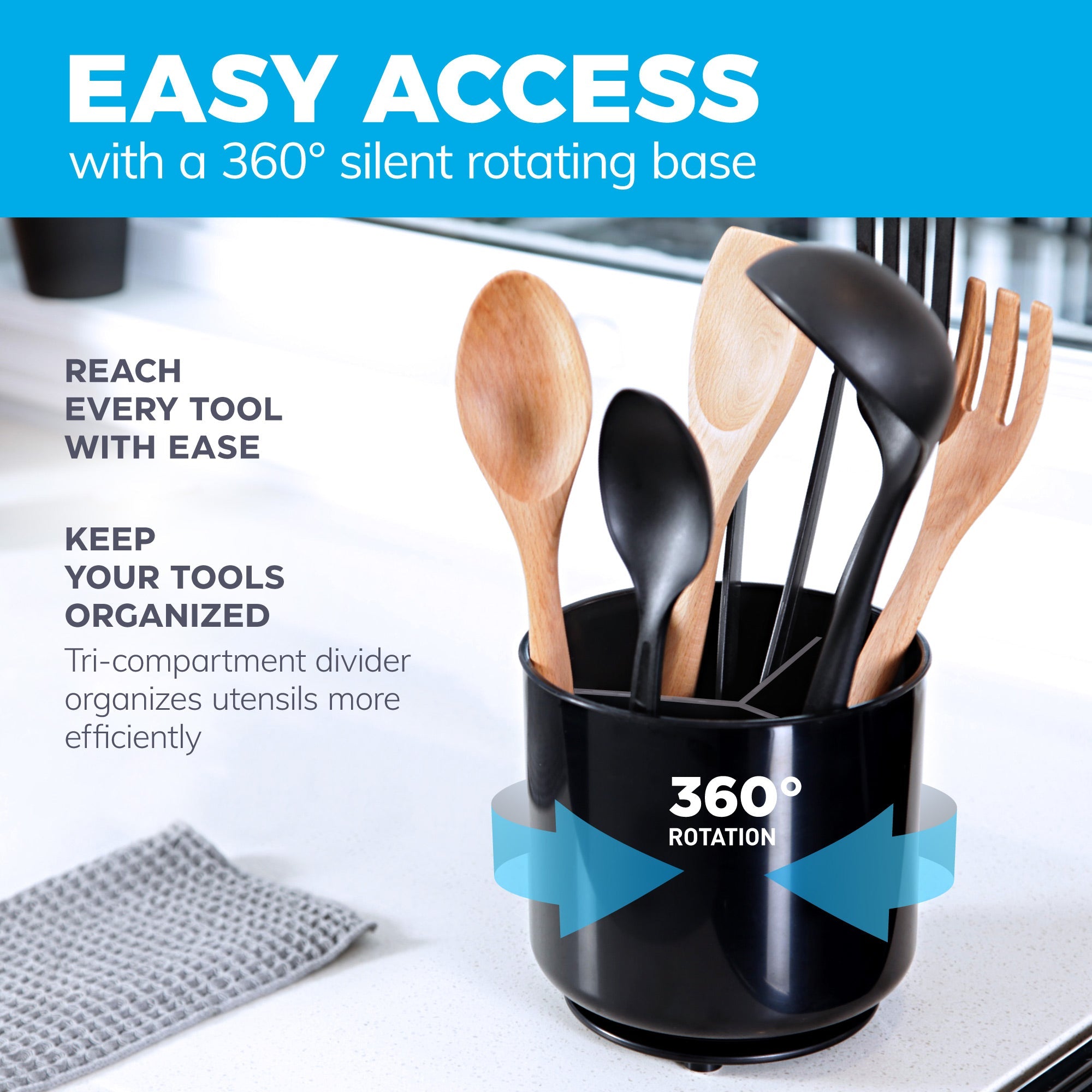 Extra Large and Sturdy Rotating Utensil Holder with No-Tip Weighted Base by Cooler Kitchen