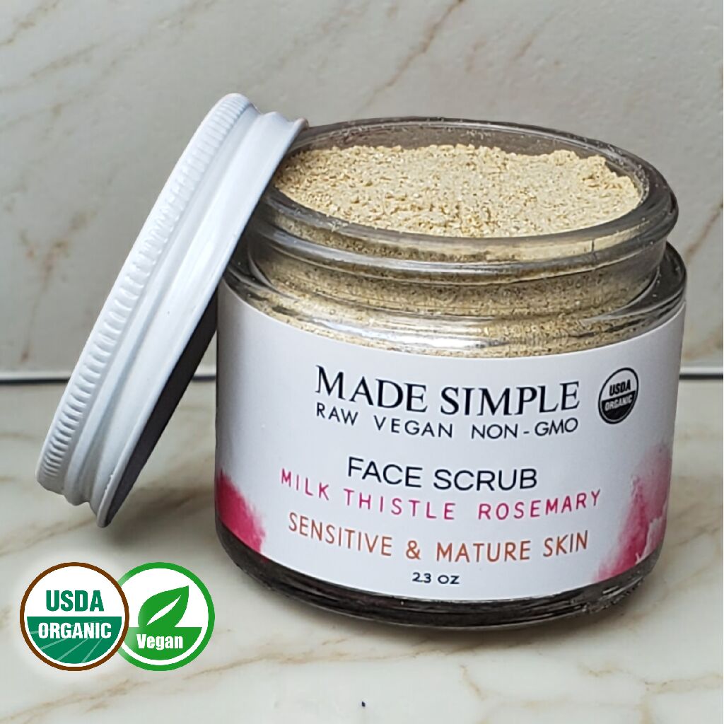 Made Simple Skin Care usda certified organic raw vegan nonGMO crueltyfree milk thistle face scrub jar open