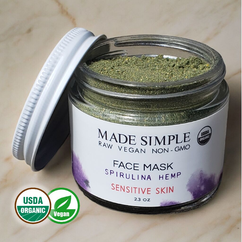 Made Simple Skin Care certified organic raw vegan nonGMO spirulina hemp face mask jar open