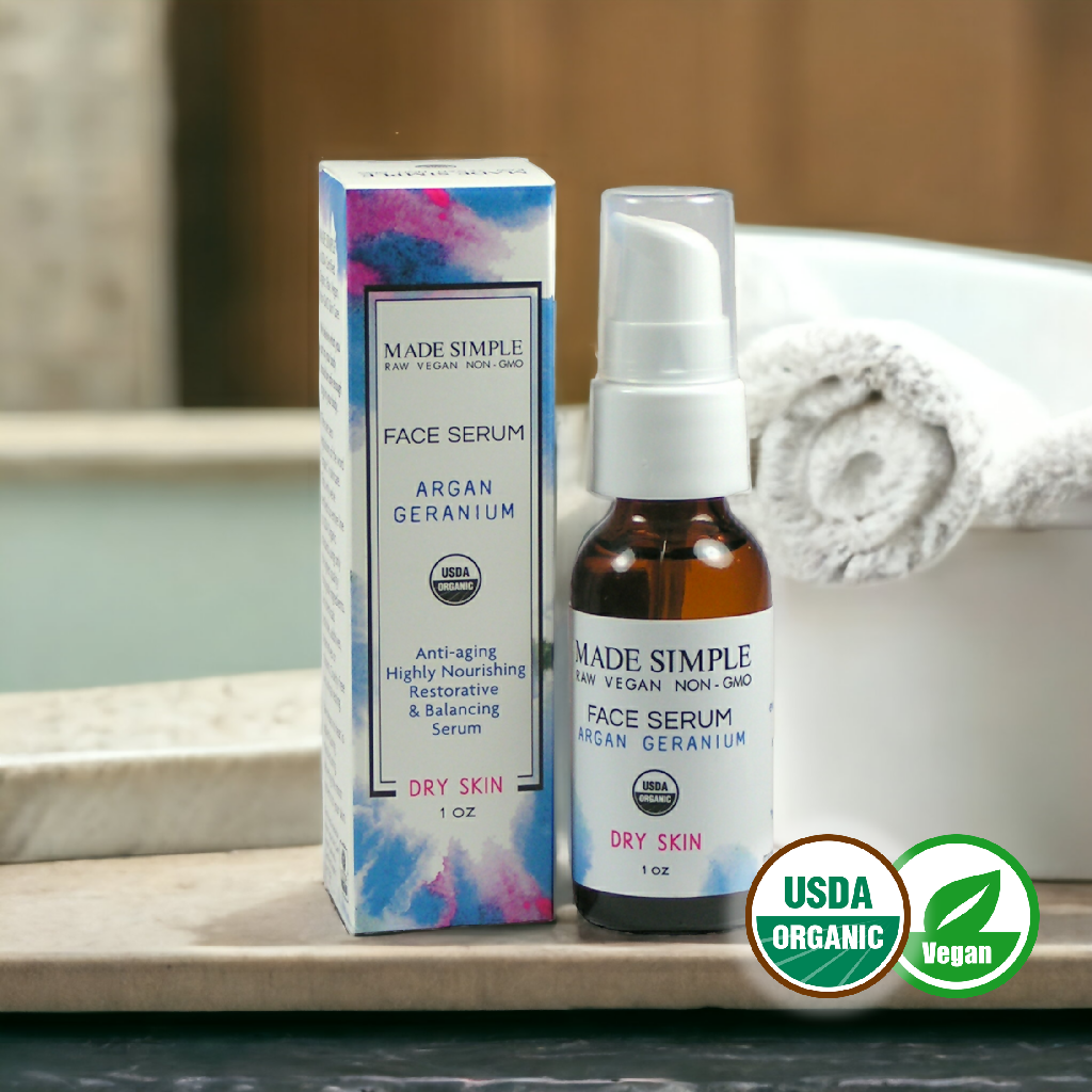 Made Simple Skin Care certified organic raw vegan nonGMO crueltyfree argan geranium face serum bottlebox2a