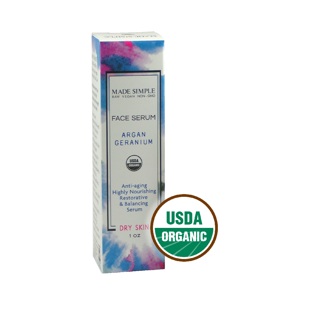 Made Simple Skin Care Argan Geranium Face Serum USDA Certified Organic Raw Vegan NonGMO boxst