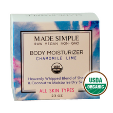Load image into Gallery viewer, Made Simple Skin Care certified organic raw vegan nonGMO chamomile lime moisturizer boxst
