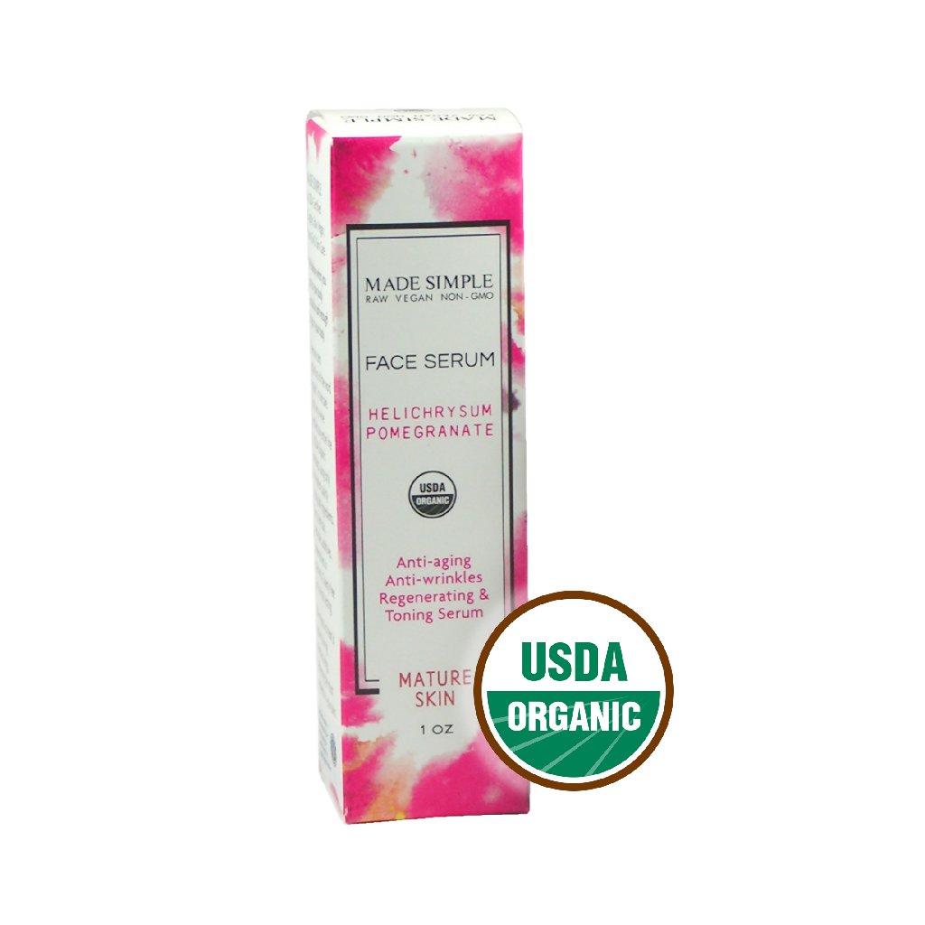 Made Simple Skin Care Helichrysum Pomegranate Face Serum certified organic raw vegan non-gmo boxst