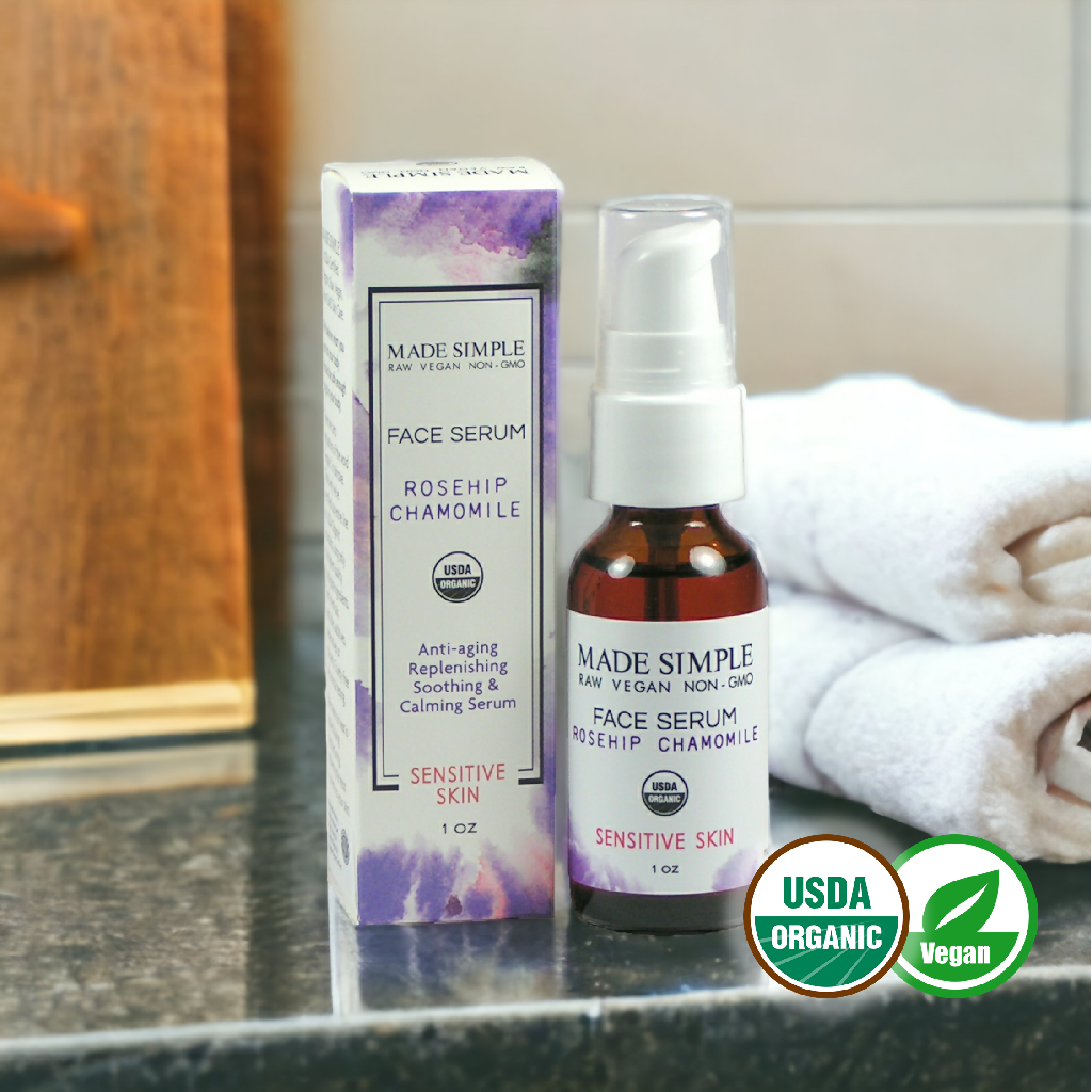 Made Simple Skin Care certified organic raw veagan nonGMO crueltyfree rosehip chamomile face serum bottlebox2a