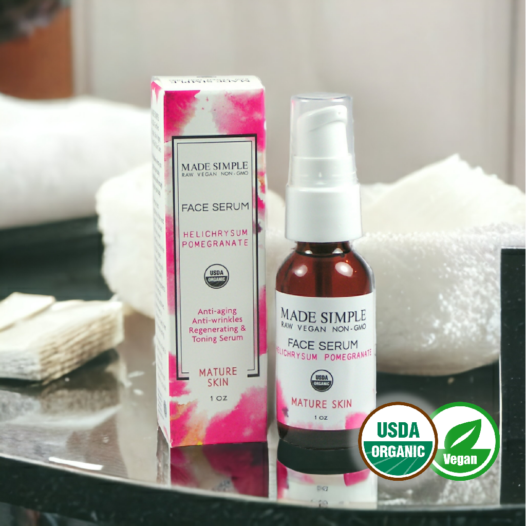 Made Simple Skin Care certified organic raw vegan nonGMO crueltyfree helichrysum pomegranate face serum bottlebox2a