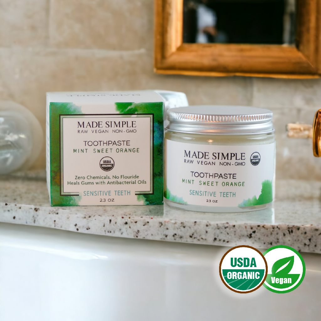 Made Simple Skin Care certified organic raw vegan nonGMO Crueltyfree mint sweet orange toothpaste jarbox2a